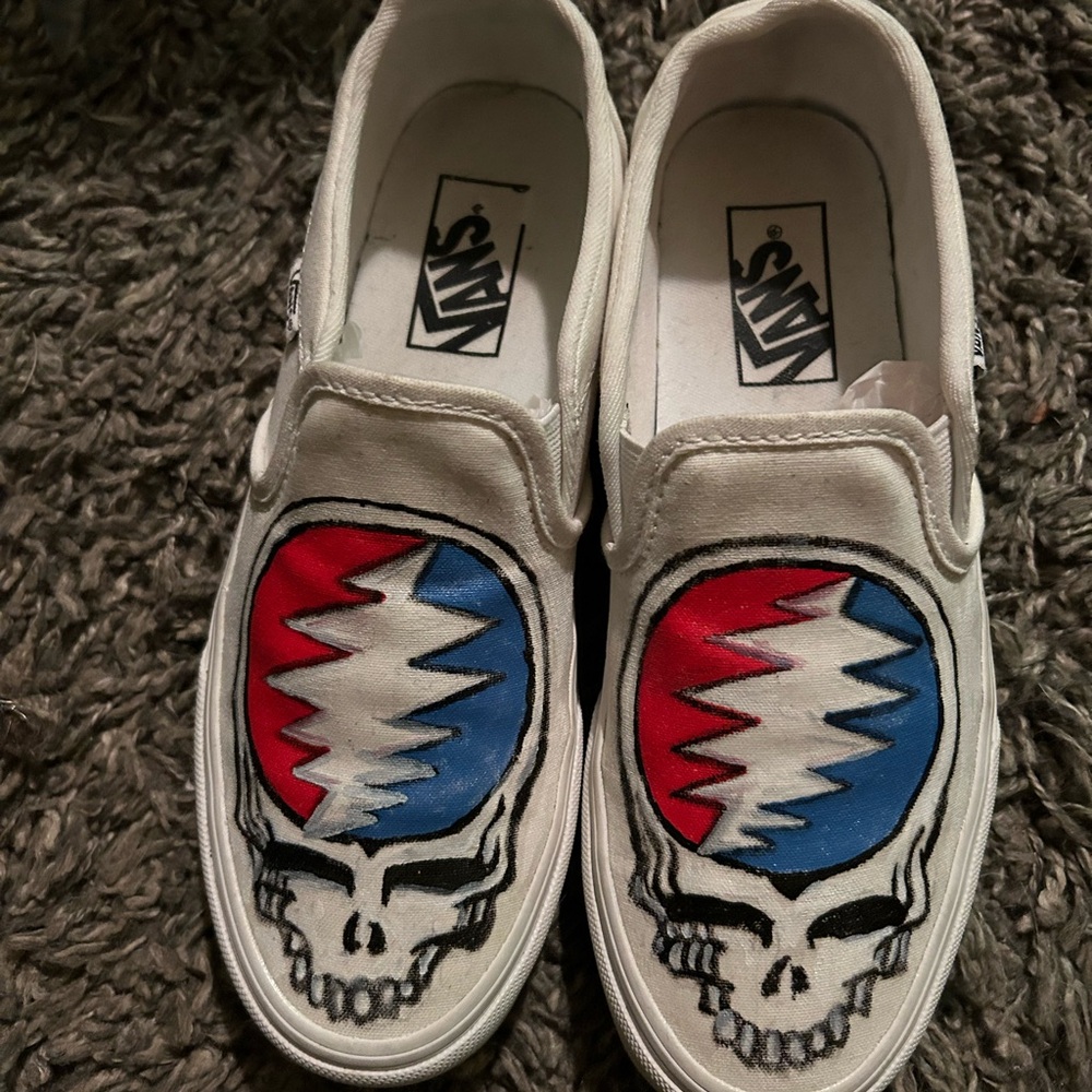 Vans White Slip-On Sneakers with painted Grateful Dead Design